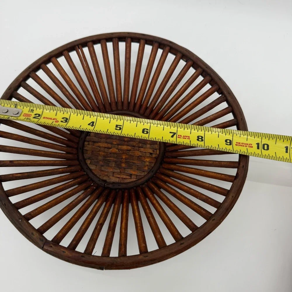 Vintage Bamboo Slat Fruit Bowl Dark Brown Woven Wicker Center Boho Decor 9.5in